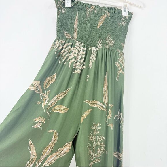 Anthropologie Olive Green Tropical Leaf Balloon Leg Smocked Sleeveless Jumper - Picture 11 of 16